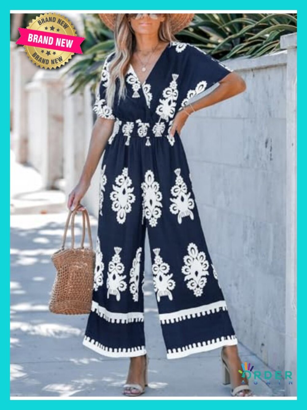 Boho Paisley Smocked Wide Leg Jumpsuit with Pockets - Picture 6 of 6